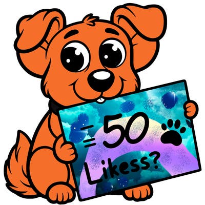 a basic dog holding a 50 likes? sign in their mouth