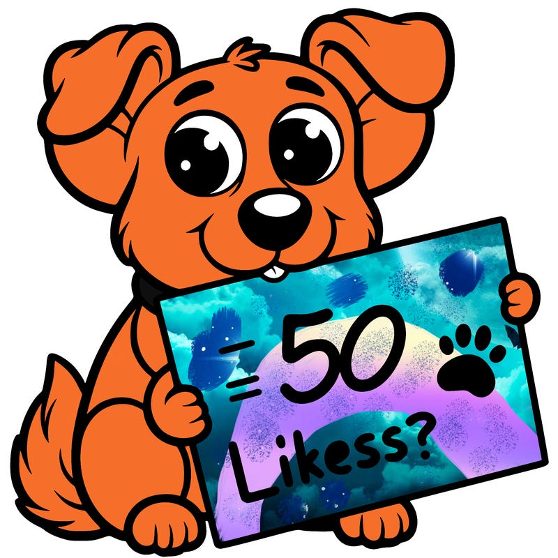 a basic dog holding a 50 likes? sign in their mouth