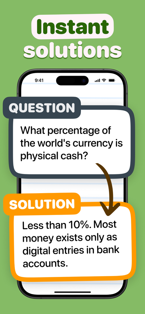 Screenshot of Economics AI app showing a question and its instant solution about global currency.