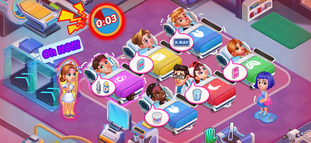 Hospital Dash: Clinic Game - A nurse managing multiple patients in a busy clinic with a countdown timer in Hospital Dash Clinic Game