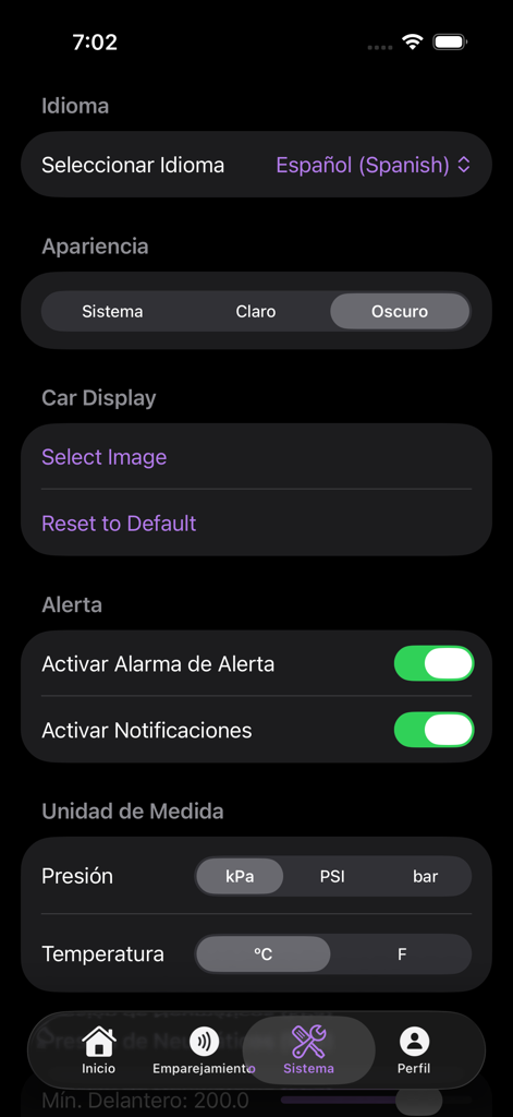 iTPMS - iTPMSアプリケーションの設定メニュー。アラートとタイヤ空気圧および温度の単位に関するオプションが表示されています。