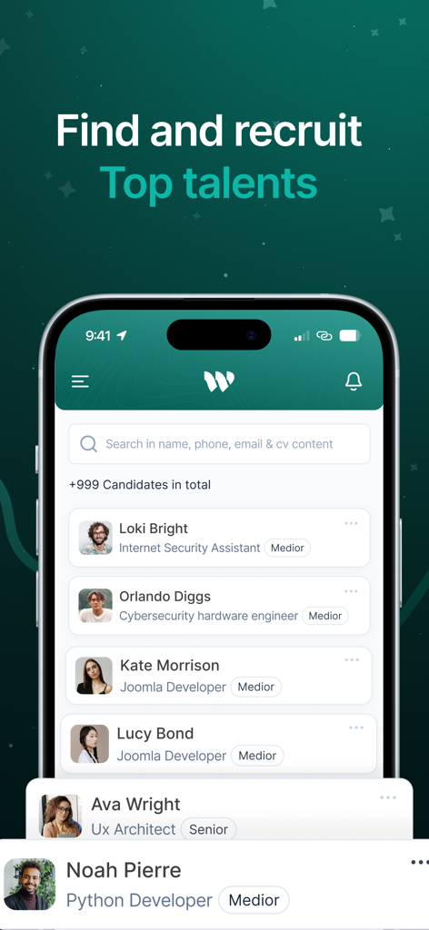 Wiggli Client - Wiggli Client App-Oberfläche zeigt eine Liste von Bewerberprofilen und eine Suchleiste zum Finden und Einstellen von Talenten an