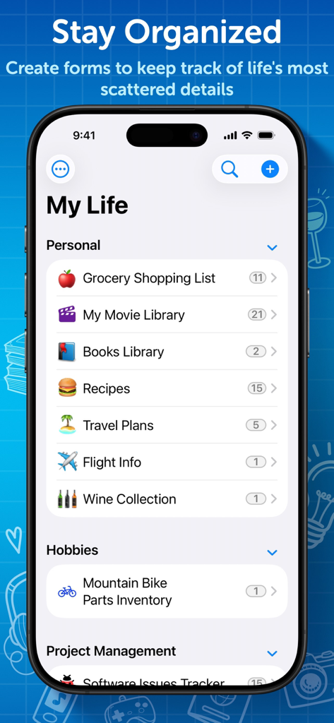 Captura de tela do iPhone do Tap Forms Pro exibindo categorias de formulários organizadas para itens pessoais, hobbies e gerenciamento de projetos.