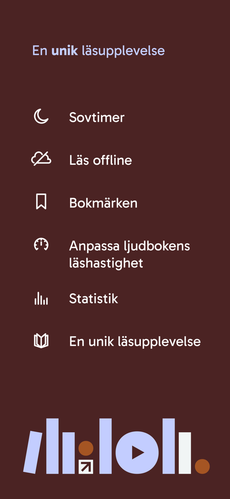 Biblio app screen showing features like sleep timer, offline reading, bookmarks, and reading statistics