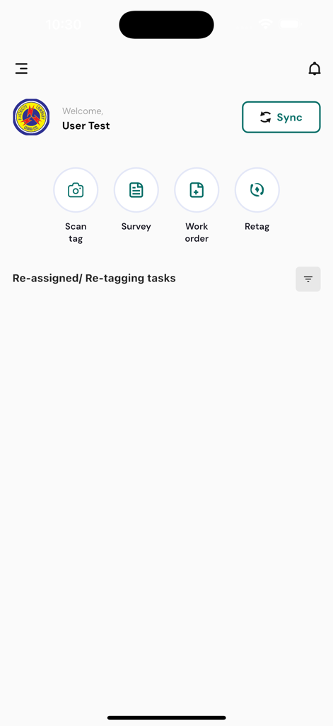 CAIMSユーティリティ資産管理アプリのホーム画面、タグスキャン、調査、作業指示書などのタスクオプションを表示