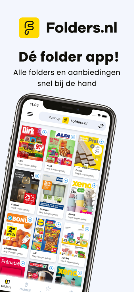 Screenshot of Folders.nl mobile app displaying digital retail flyers and discount circulars on a smartphone screen.