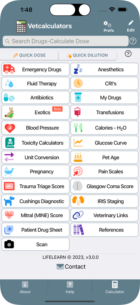 Vetcalculators - Main dashboard of the Vetcalculators app showing various veterinary drug and clinical calculators