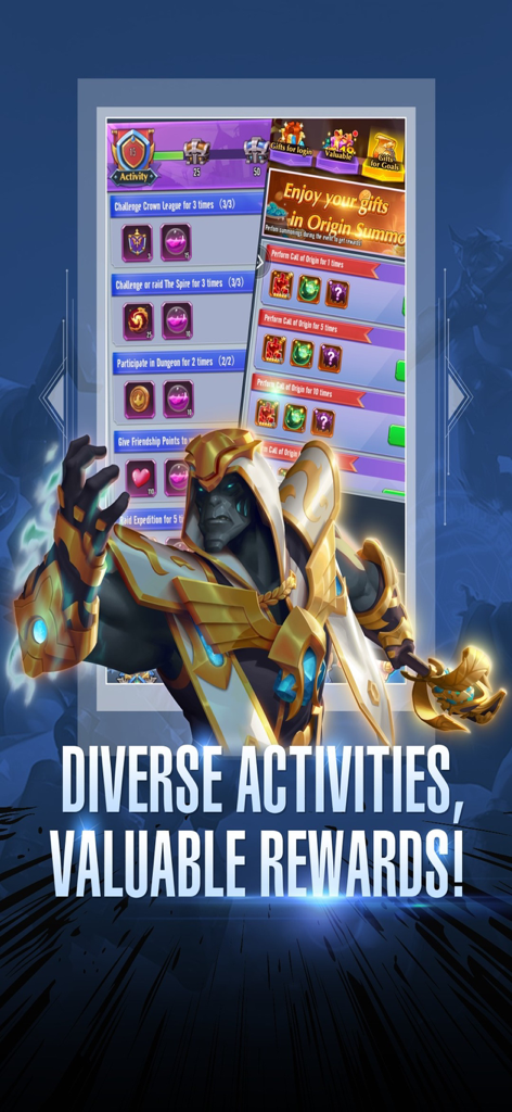 Siberium - A golden armored character showcasing diverse activities and valuable rewards in the Siberium mobile game