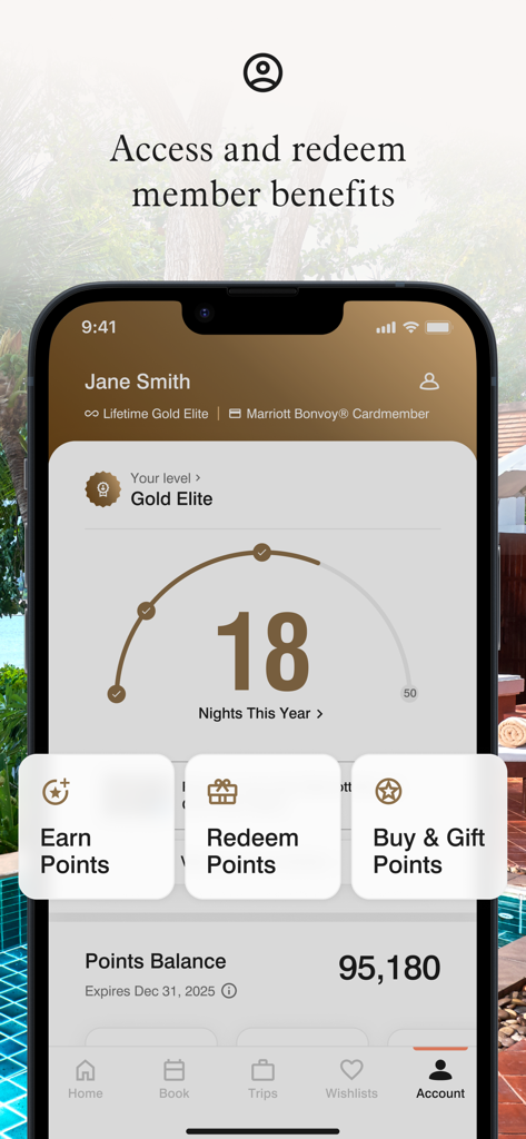 Interface do aplicativo Marriott Bonvoy mostrando o status Gold Elite, noites de estadia e saldo de pontos