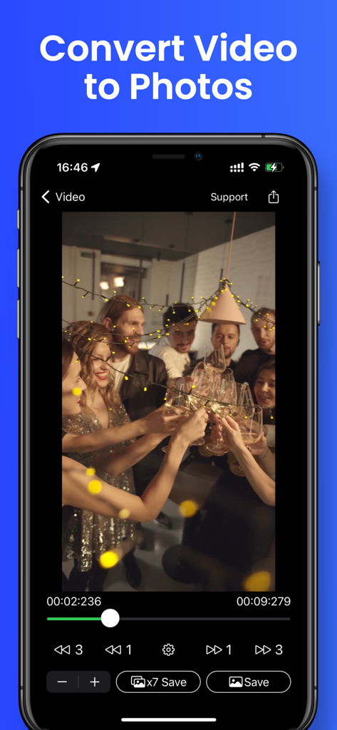 Video to Photo - Grab HD Pic - Mobile app interface showing a video frame of a group of friends and tools to extract and save high resolution photos