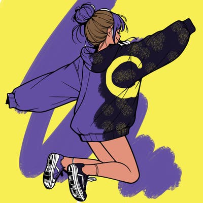 realistic girl jumping with a bun and oversized sweatshirt