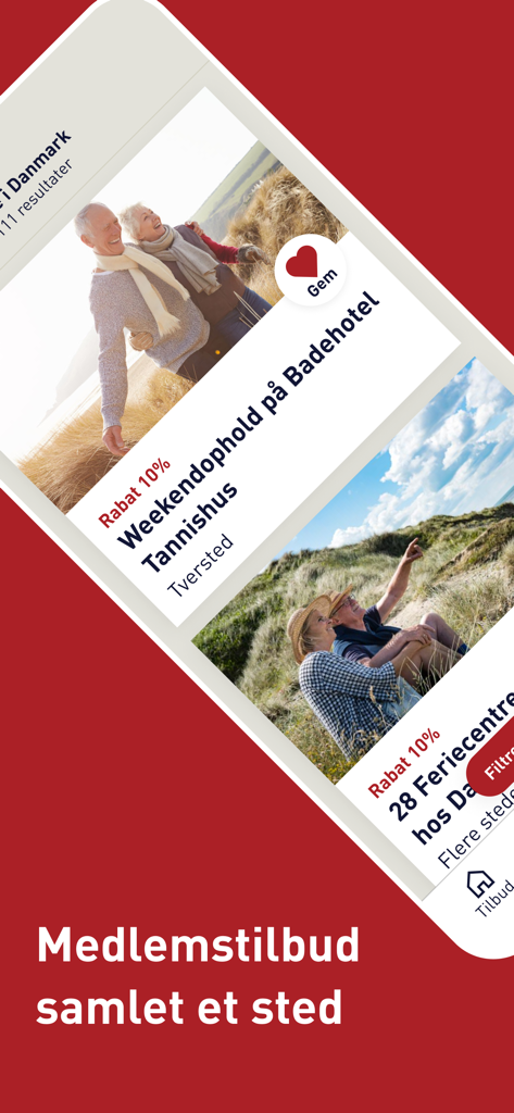 Ældre Sagen Tilbud - Una pantalla de móvil que muestra descuentos para personas mayores en estancias de fin de semana en hoteles y centros de vacaciones en Dinamarca