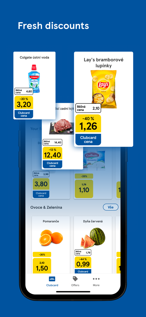 Clubcard Tesco Slovensko - Mobile app interface of Clubcard Tesco Slovensko showing fresh discounts and member prices for groceries.