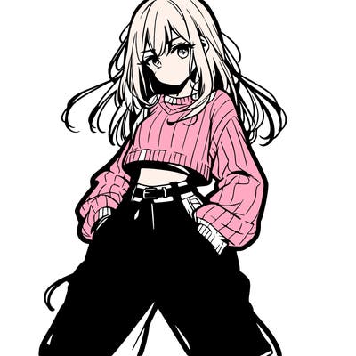 anime teen girl with baggy pants and crop top with sweater