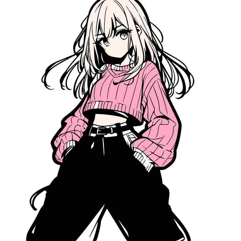 anime teen girl with baggy pants and crop top with sweater