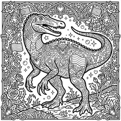 Unleash your creativity with this striking coloring page featuring a Gothic Baryonyx intertwined with vibrant Pride themes. Discover intricate patterns, 'Love is Love' declarations, and a unique blend of ancient and modern celebration.