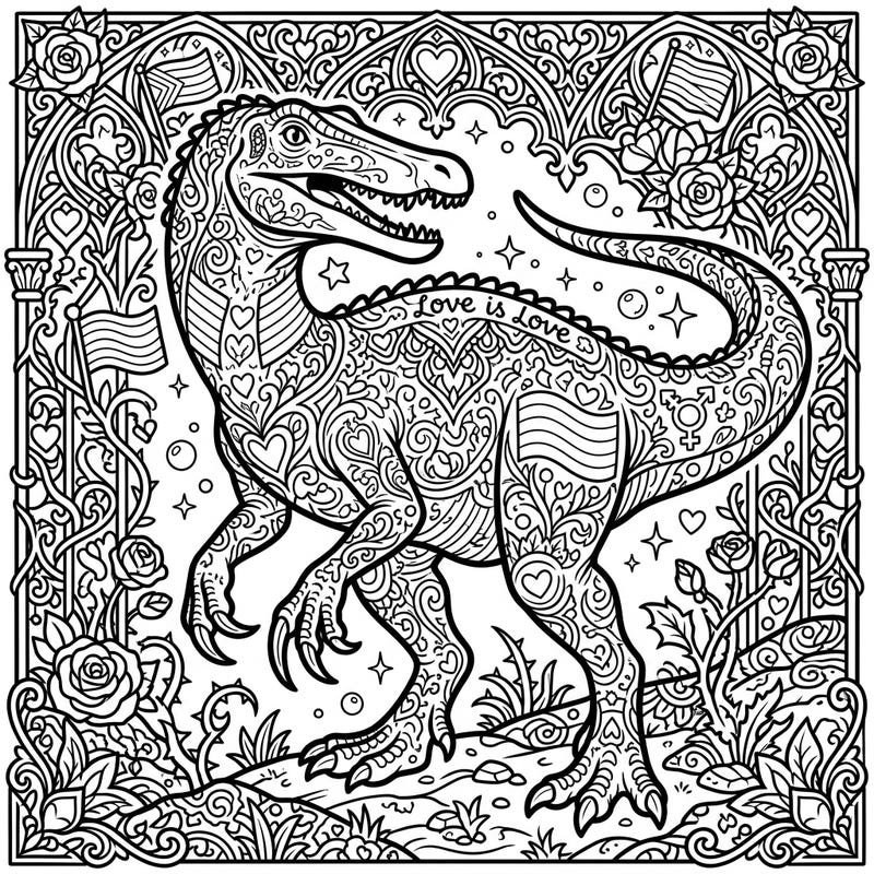 Unleash your creativity with this striking coloring page featuring a Gothic Baryonyx intertwined with vibrant Pride themes. Discover intricate patterns, 'Love is Love' declarations, and a unique blend of ancient and modern celebration.