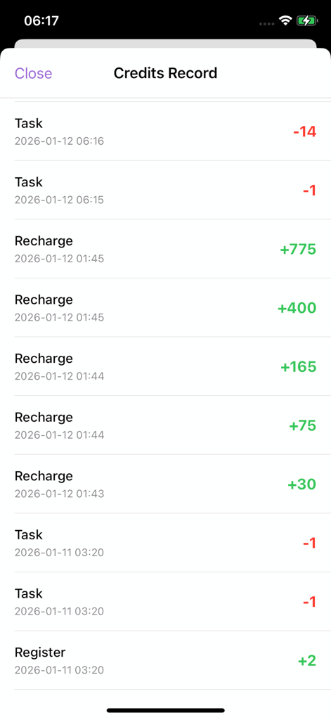 AI.Genie - AI Genie 앱에서 충전 및 작업 기록을 보여주는 크레딧 거래 목록.