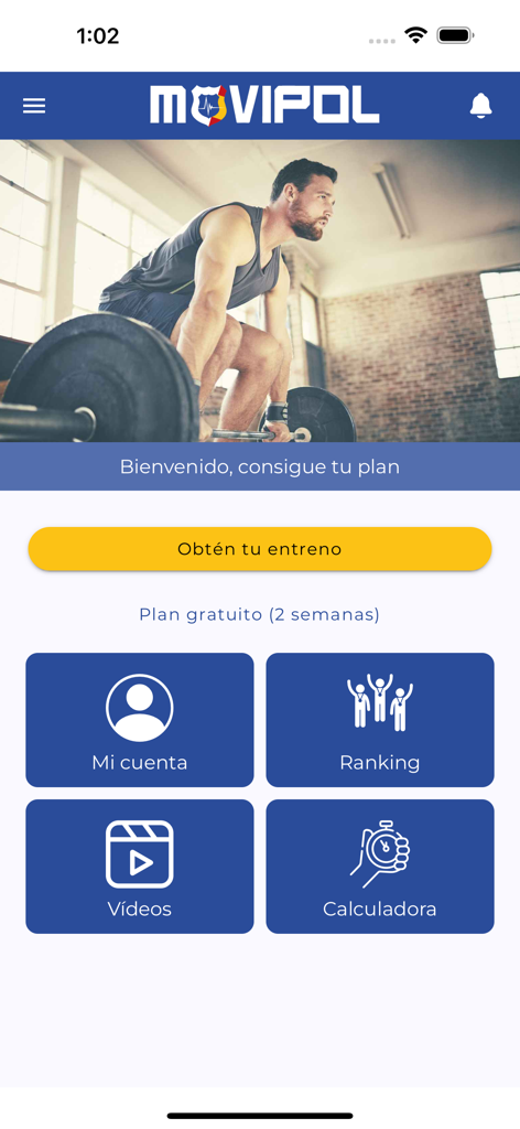 Movipol app main dashboard with training options and navigation buttons