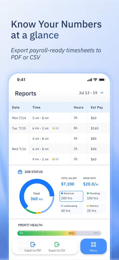 ShiftFlow mobile app reports screen showing payroll hours and timesheet export options to PDF or CSV
