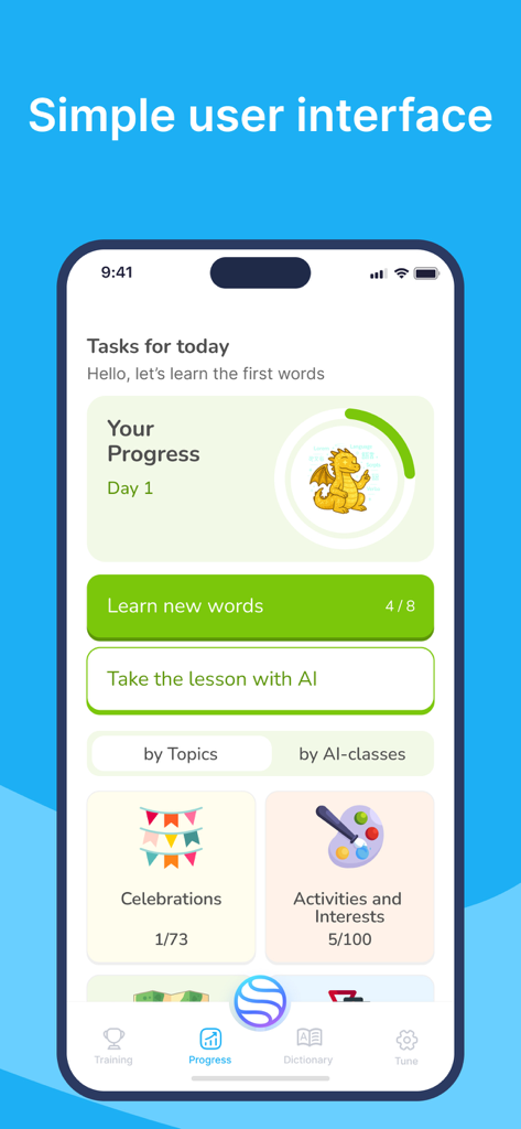 AI Spanish Minute - AI Spanish Minuteアプリのダッシュボード。毎日のタスクと学習の進捗状況が表示されています