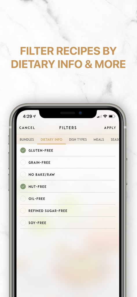 A mobile screen displaying recipe filter options for dietary requirements like gluten-free and nut-free in the Oh She Glows app.