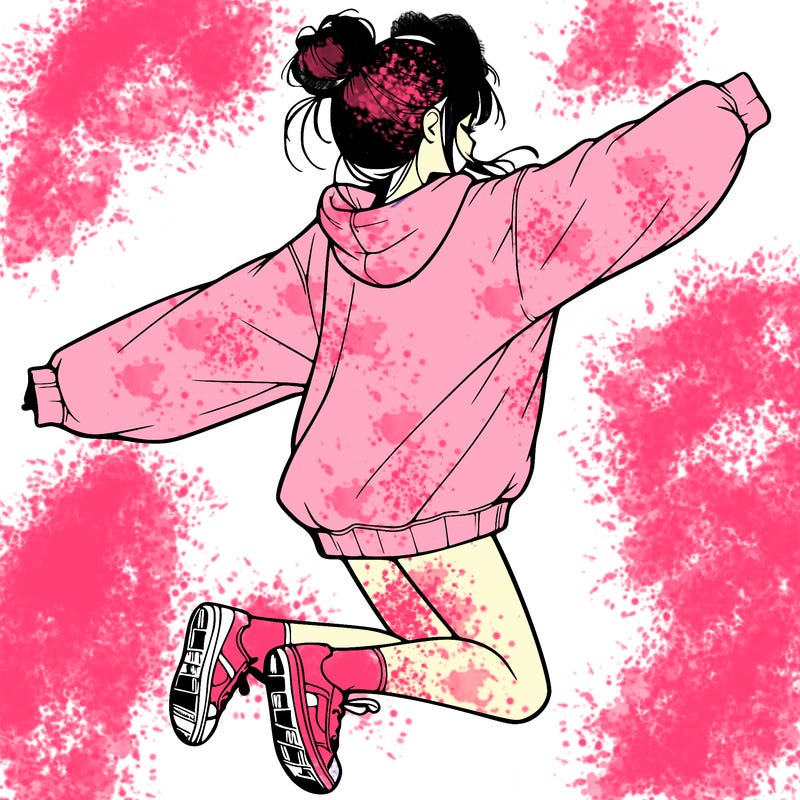 realistic girl jumping with a bun and oversized sweatshirt