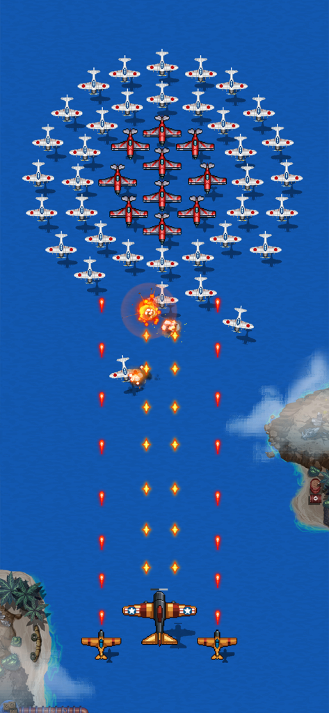 1942 Classic Arcade - Retro vertical shooter gameplay showing a WWII fighter plane with wingmen attacking a large formation of enemy aircraft over the ocean