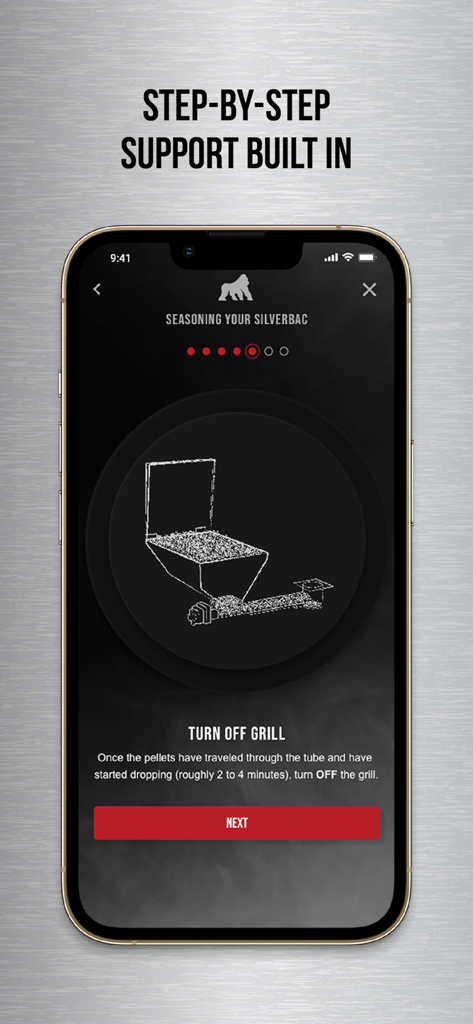 Un écran mobile de l'application Grilla Grills montrant un guide étape par étape pour assaisonner un fumoir à pellets de bois Silverbac.