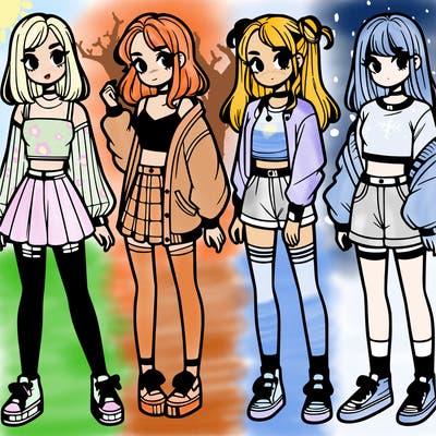 one girl with crop-top shirt and a jacket with a skirt, long socks and another girl with a shirt and pants with a jacket