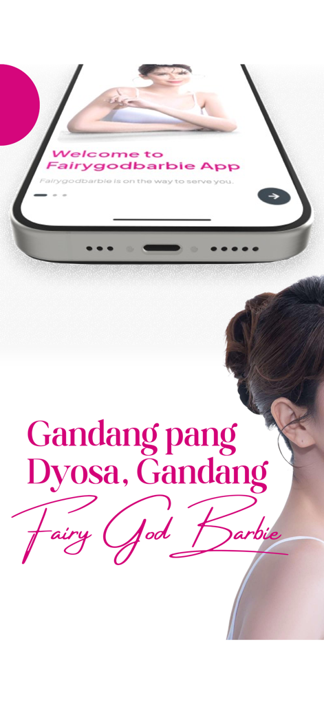 Fairy God Barbie - Welcome screen of the Fairy God Barbie mobile app featuring a beauty model and pink branding