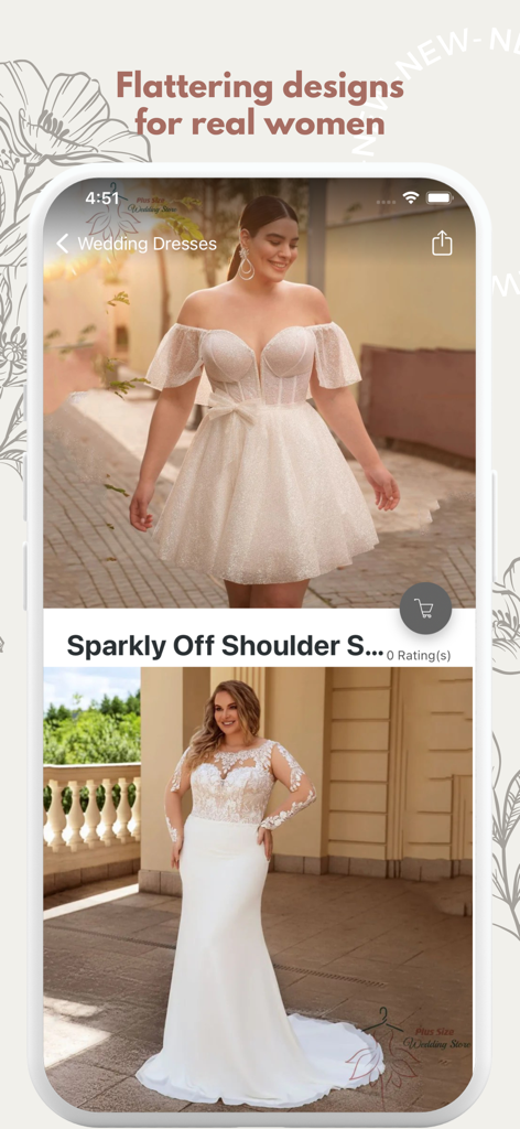 Plus Size Wedding Dress Shop - Eine mobile App-Oberfläche für den Brautkleider-Shop in Übergrößen mit schmeichelhaften kurzen und langen Brautkleidern für kurvige Frauen.