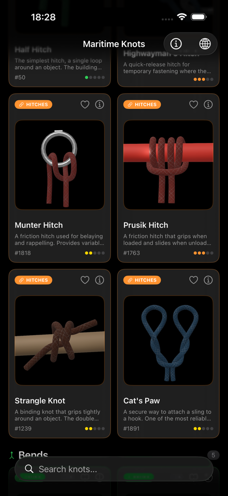 Maritime Master - Knots - Una biblioteca de nudos marítimos que muestra nudos Munter y Prusik con ilustraciones 3D y clasificaciones de dificultad