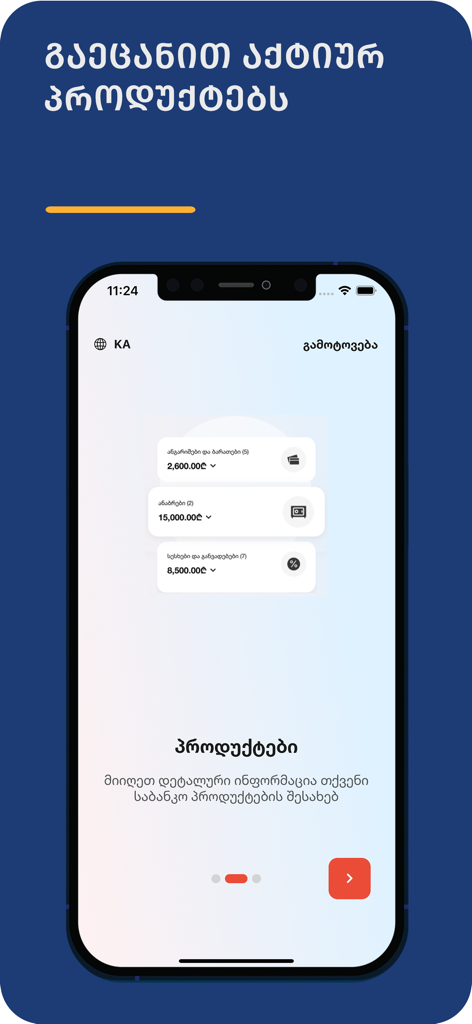 MyCredo Business - MyCredo Business mobile app onboarding screen showcasing active banking products like accounts and loans