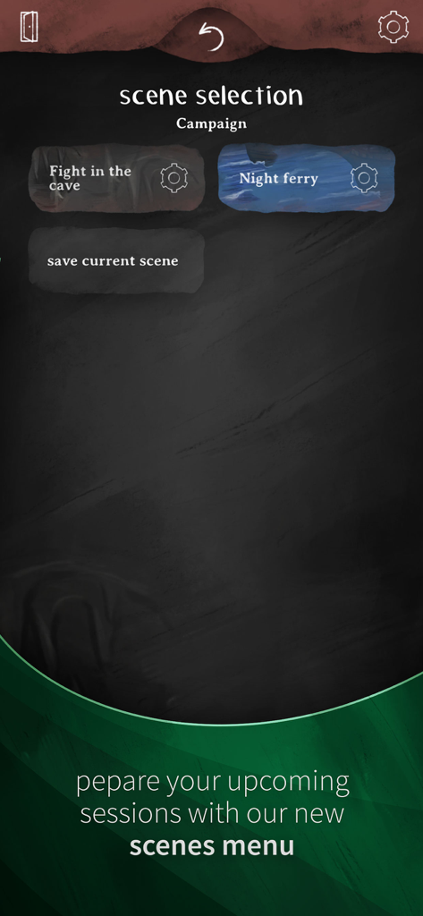 Screenshot of the SoundTale app scene selection screen for TTRPG campaign session preparation