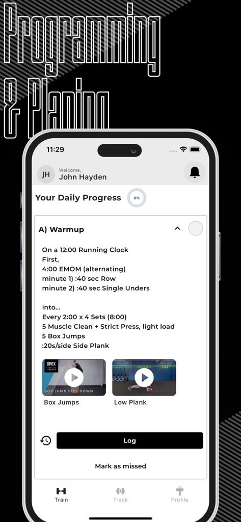 Train Track App - Train Track App dashboard displaying a daily workout program with warmup exercises and video guides for coaches