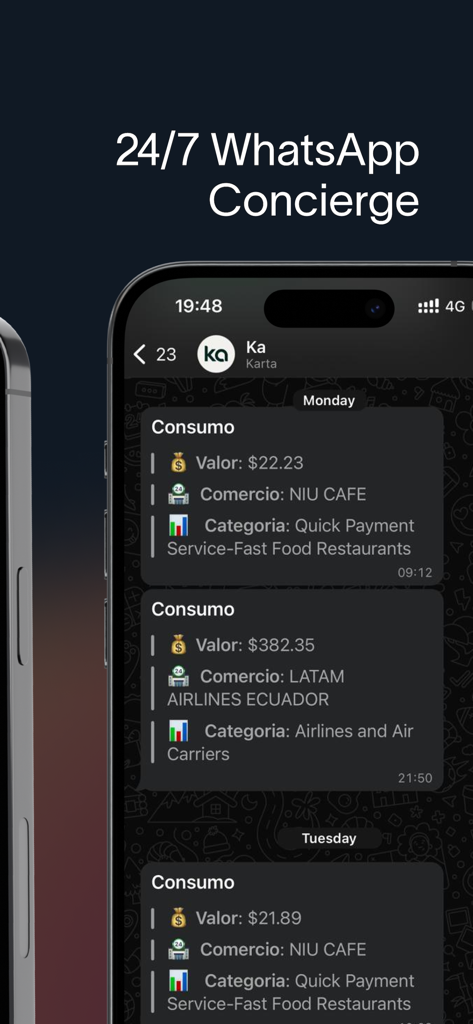 Karta App - Smartphone screen showing the Karta App 24/7 WhatsApp concierge with real-time transaction notifications