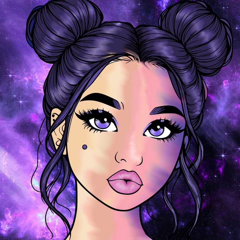 realistic girl with two buns on her hair and lips