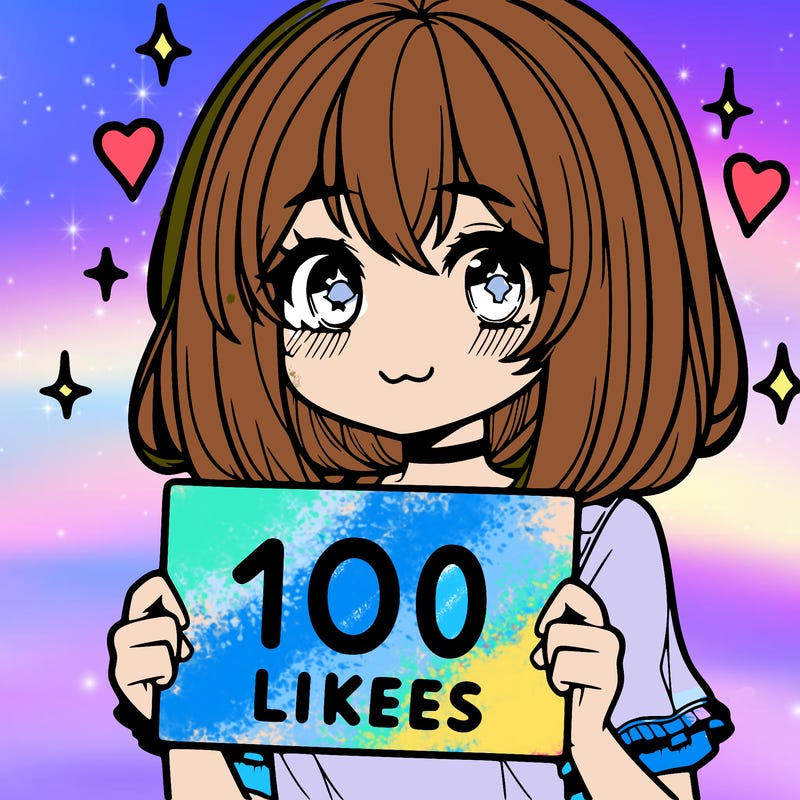 anima girl holding a 100 likes sign in her hand