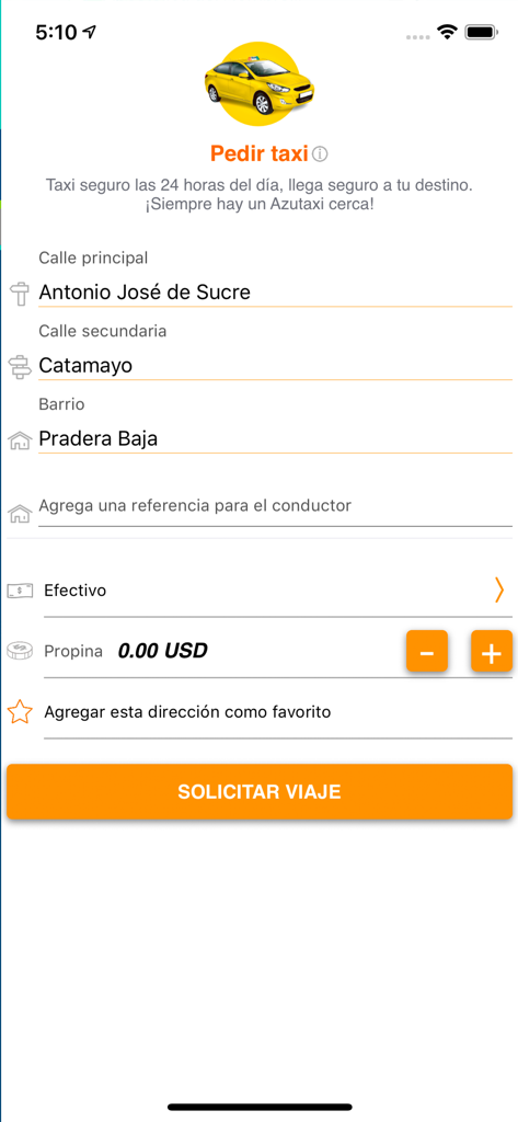 Interfaz de la aplicación móvil AzuTaxi para reservar un viaje que muestra los campos de dirección y el botón de solicitud