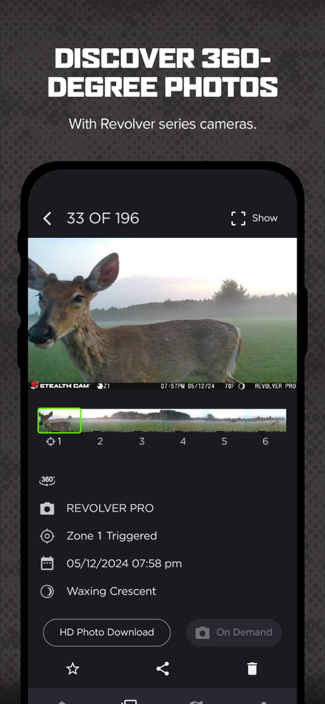 COMMAND PRO - Command Pro app interface displaying a 360 degree photo of a deer captured by a Revolver Pro trail camera