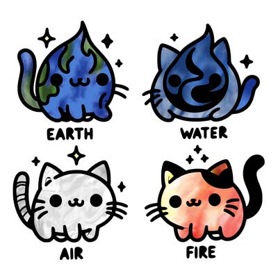 4 cats that represent the different elements, earth, water, air, and fire