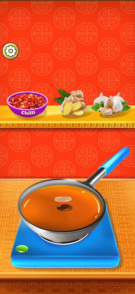 Chinese Food - Cooking Game - Ingredients like ginger and garlic on a shelf above a frying pan in a Chinese cooking simulator