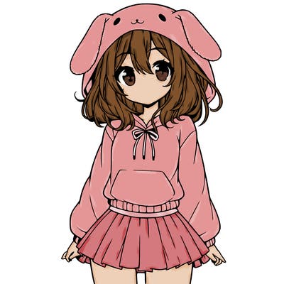 pretty anime girl wearing a fluffy hoodie with bunny ears on the hood and a skirt