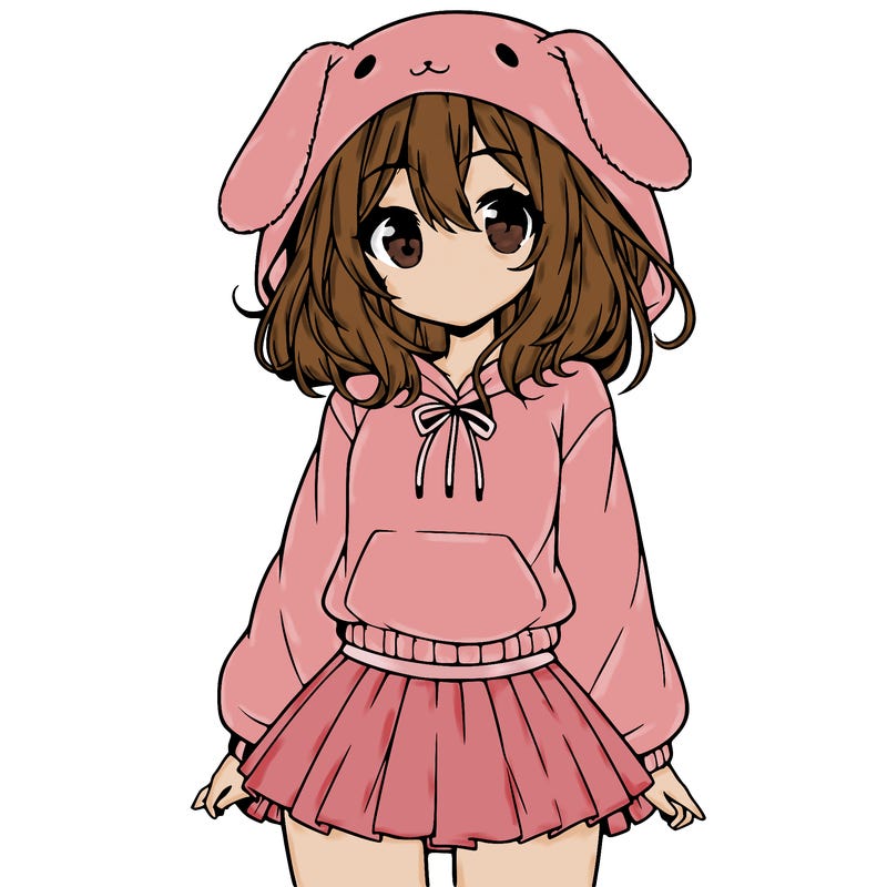 pretty anime girl wearing a fluffy hoodie with bunny ears on the hood and a skirt