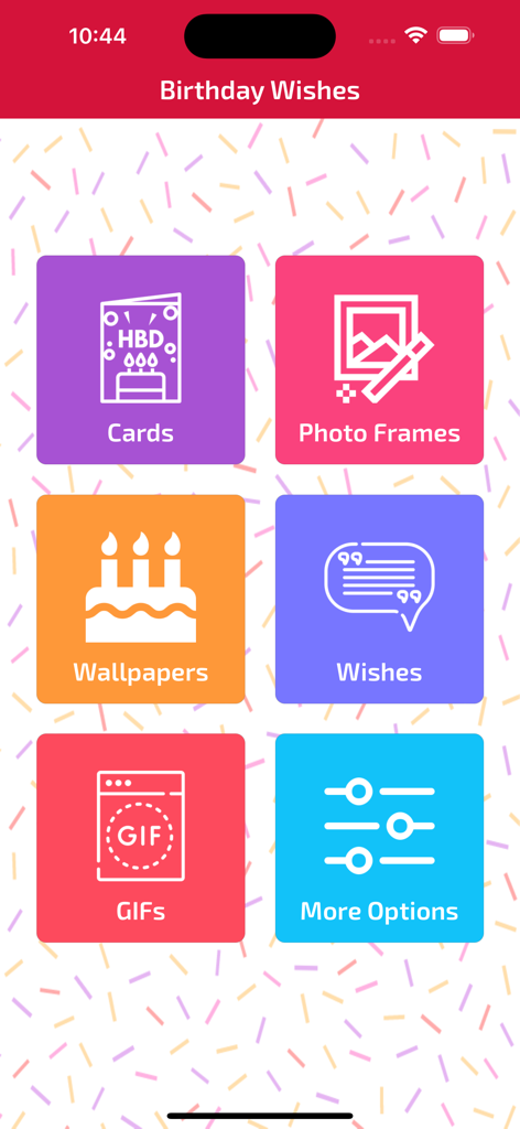 Birthday Wishes & Cards - Écran principal de l'application Vœux et Cartes d'Anniversaire montrant les catégories de cartes, cadres photo et GIFs