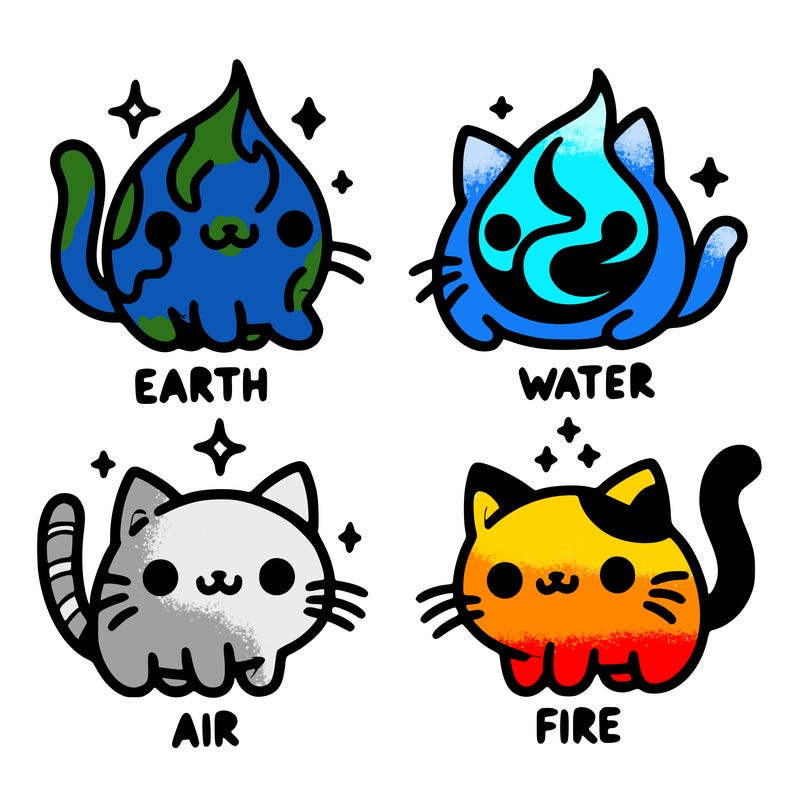 4 cats that represent the different elements, earth, water, air, and fire