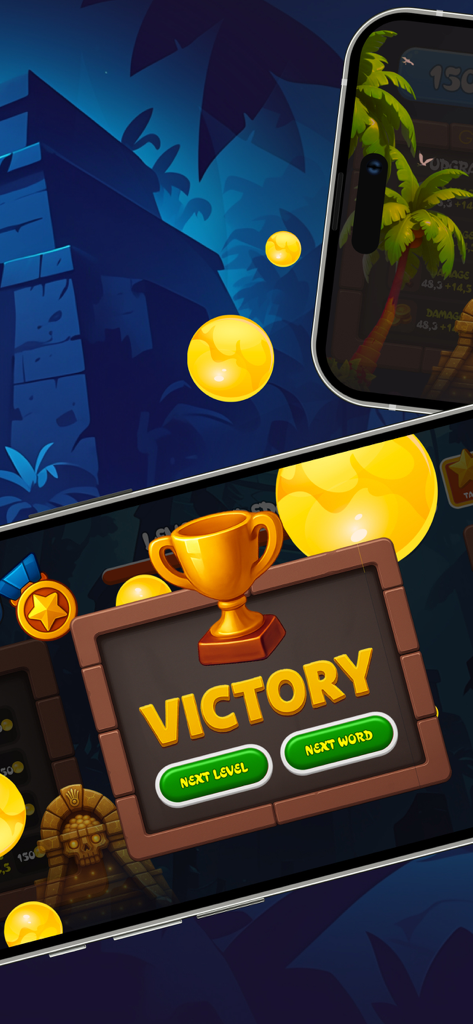 Ostec Crumble game victory interface showing a golden trophy and next level button with a jungle temple background