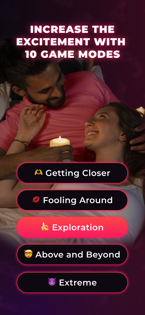 Couple Game – Secret Desires - A happy couple lying in bed with various intimacy game modes displayed on screen