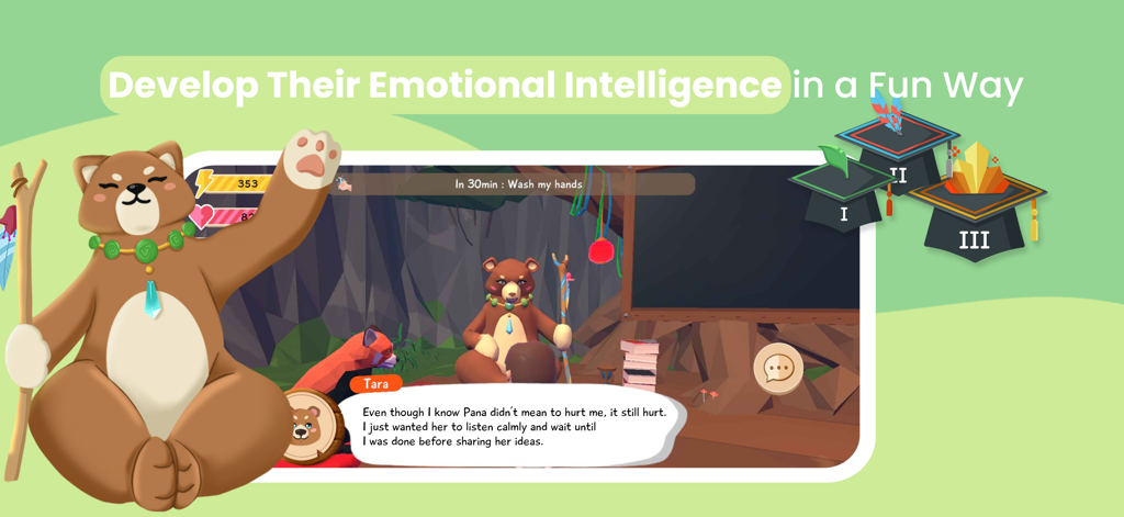 Tela do aplicativo Lusha apresentando um personagem urso e uma caixa de diálogo ensinando inteligência emocional para crianças